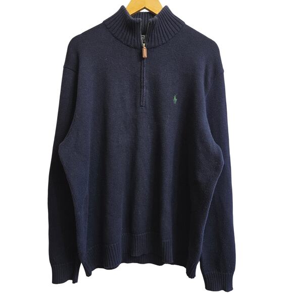 Polo Ralph Lauren Mens Vtg 90s Y2K Preppy Quarter Zip Heavy Knit Sweater XL Navy - Picture 1 of 10